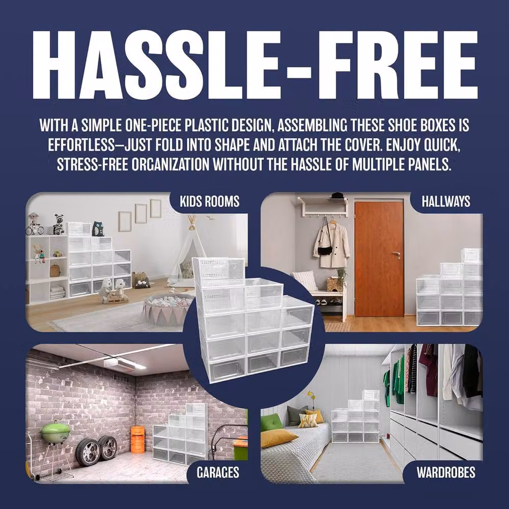 BARGAINS-GALORE 12-Piece Stackable and Foldable Clear Plastic Large Shoe Organiser Boxes – 3
