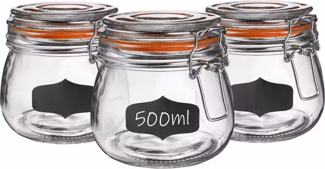 Argon Tableware Glass Storage Jars with Clip Lids and Labels, 500 ml, Pack of 6, Clear and Orange