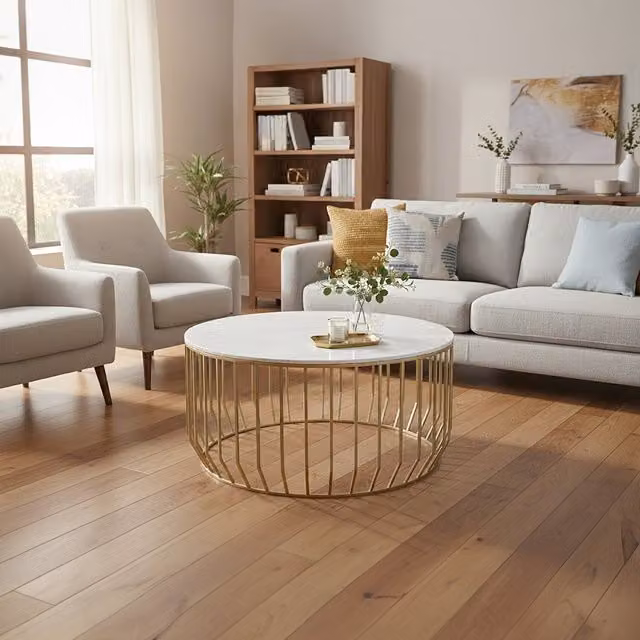 Orsina Pali Round White Marble and Gold Coffee Table