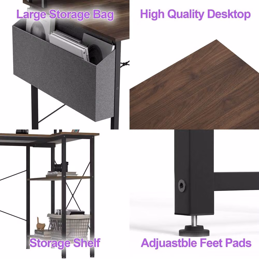 BEXEVUE L-Shaped Gaming Desk in Dark Walnut with Power Outlets and LED Lights, W: 120 cm, D: 70 cm – 3