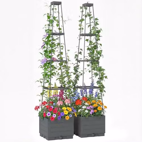 Outsunny 2 Pack Grey Raised Garden Beds with Trellis and Removable Drainage Trays, W/D/H: 28 x 28 x 140 cm