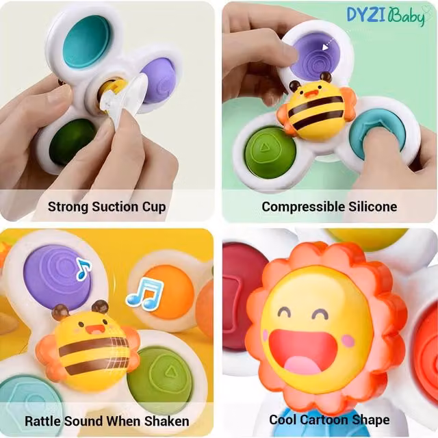 Dyzi 3 Piece White Suction Cup Bath Fidget Toy with Motor, Sensory Rattle Sound and BPA-Free Plastic Animal Designs