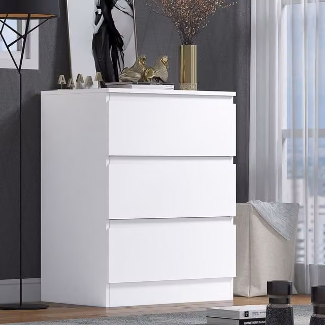 FWStyle Matt White 3 Drawer Chest of Drawers and Bedside Nightstand