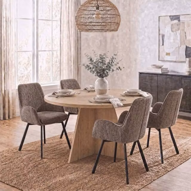 FWStyle Round Natural Oak Dining Table and 4 Brown Swivelling Dining Chairs – 1