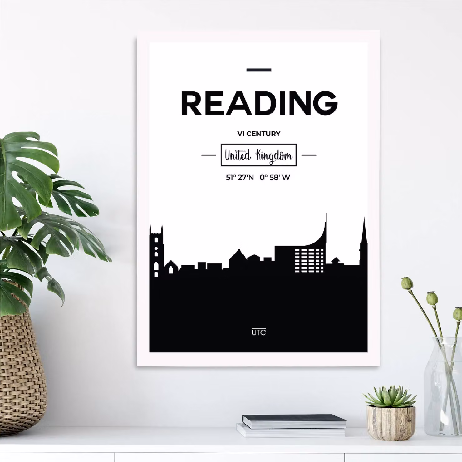 ARTZE Black and White City Skyline Framed Print, A4, White Frame – 2