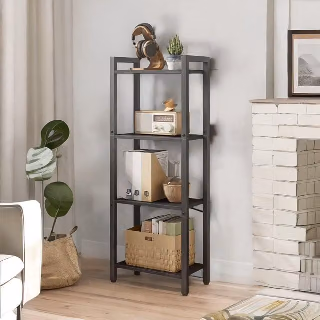 FURNOS 4 Tier Black Matt Metal and Composite Storage Shelf for Living Room, Bedroom or Kitchen, H 107.0 x W 40.0 x D 24.0 cm – 1
