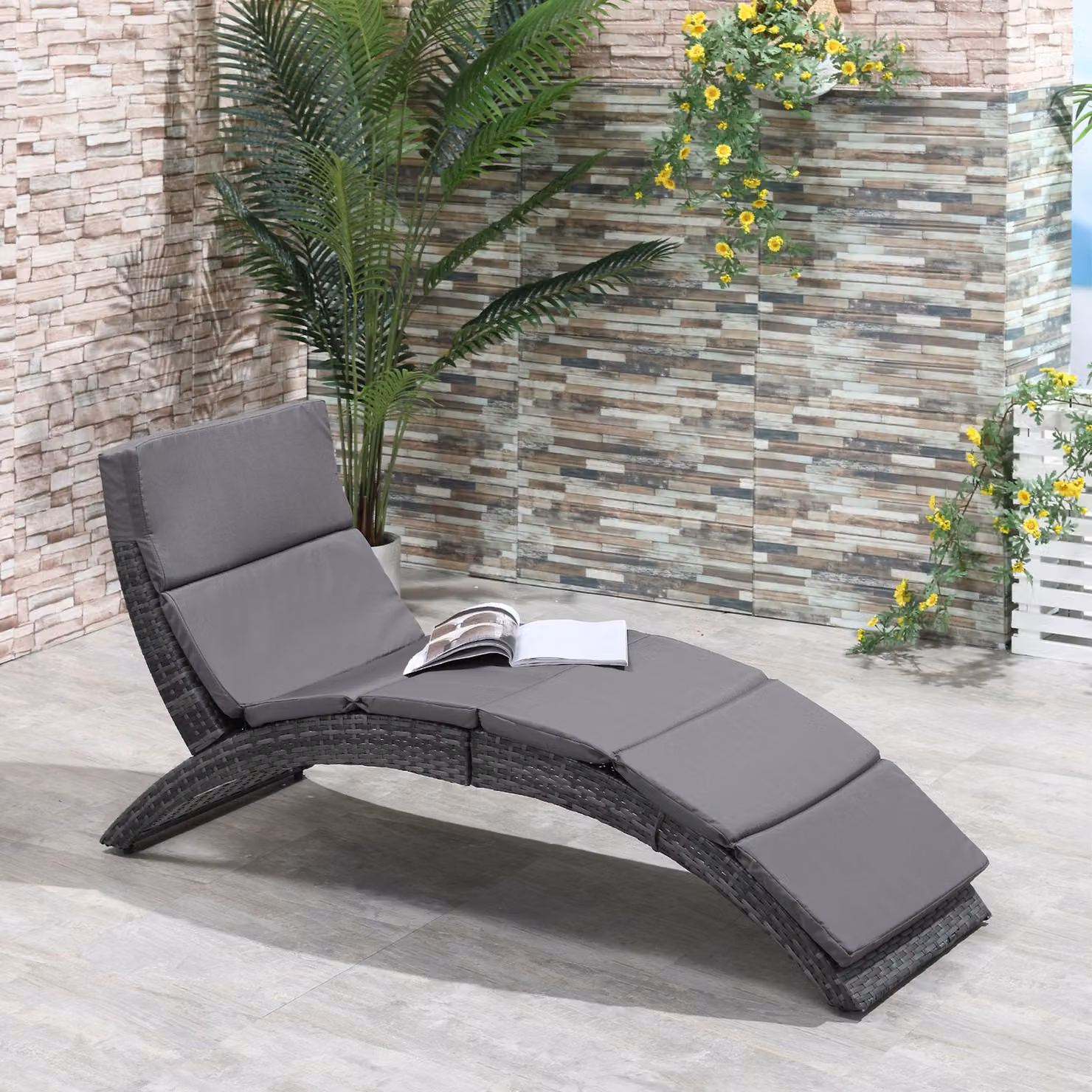 Outsunny Grey Rattan Wicker Folding Sun Lounger Recliner Bed with Weatherproof Cushion – 2