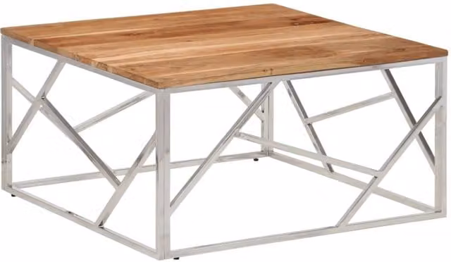 Berkfield Home Rectangular Coffee Table in Silver Stainless Steel and Solid Acacia Wood – 1