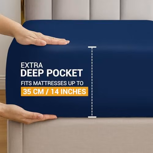 Pamposh Single Mako Satin Cotton Fitted Sheet, Blue, W/D/H: 90 x 190 x 35 cm – 4