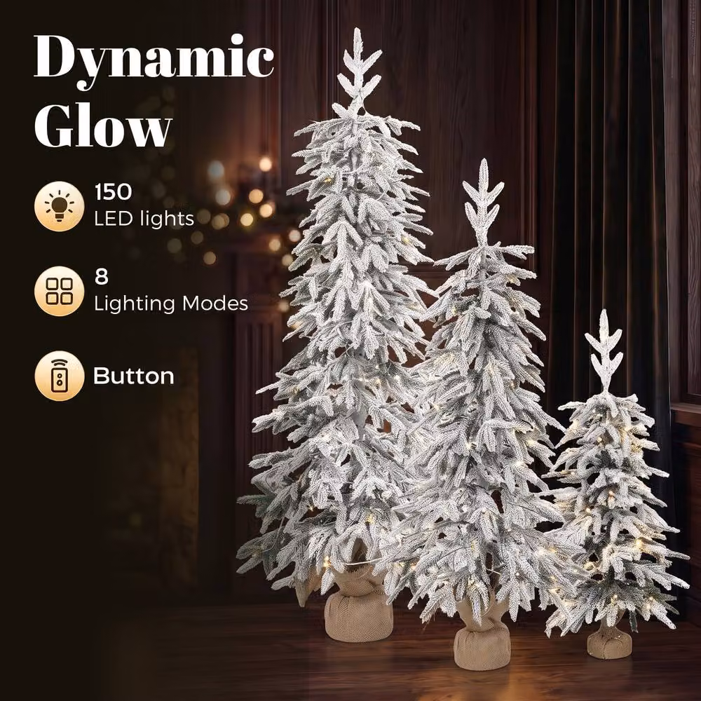 HOMCOM Set of 3 Prelit Flocked Artificial Christmas Trees with Warm White LED Lights – 5