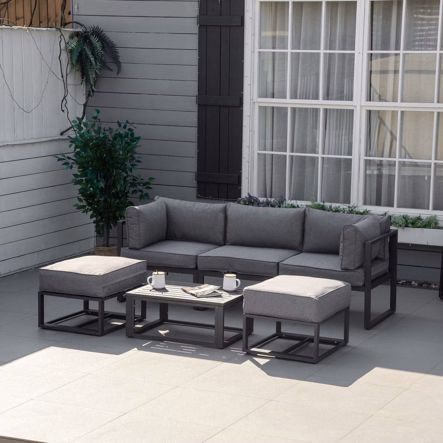 Outsunny 6 Piece Grey L-Shape Outdoor Sectional Sofa Set with Powder Coated Aluminium Frame, Coffee Table, Ottoman and Upholstered Cushions – 2
