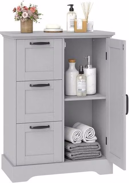 FORGEVIO Grey Farmhouse Accent Cabinet with Hinged Doors, Internal Shelves and Drawers – 1