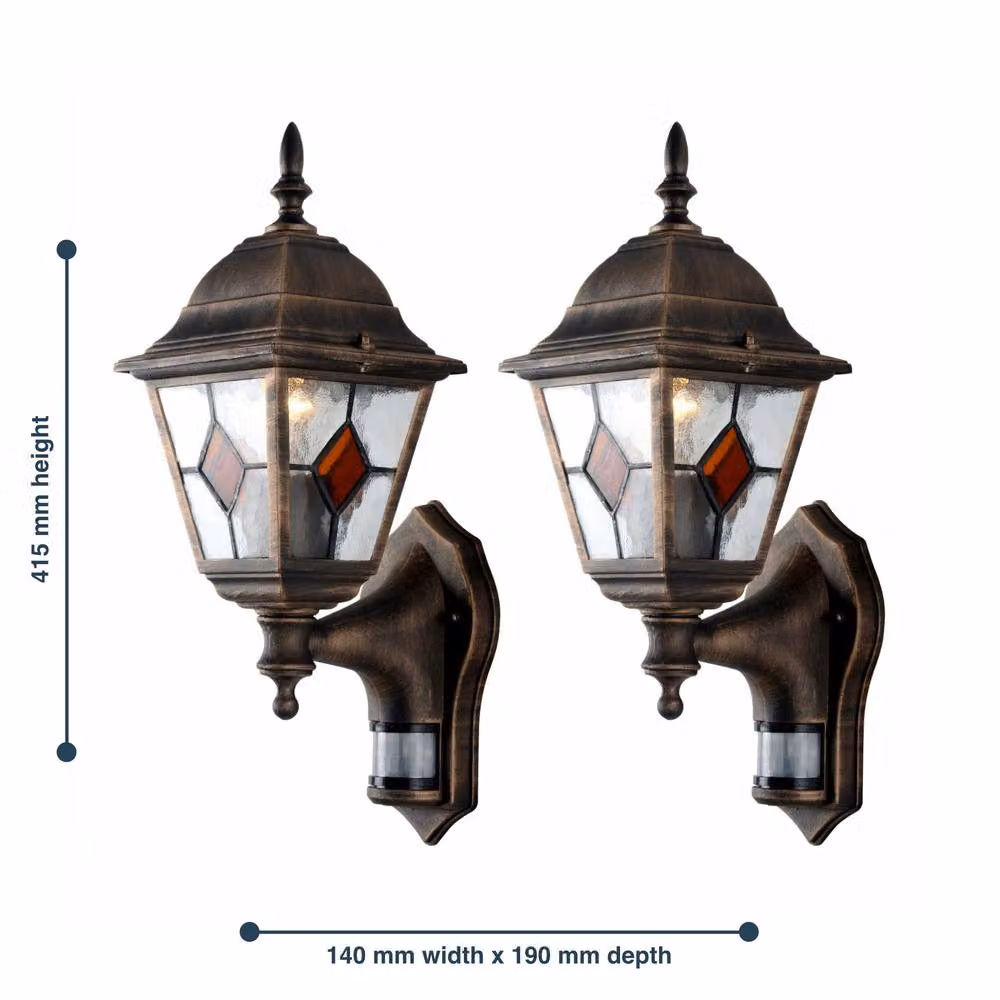 First Choice Lighting Set of 2 Black and Gold Metal LED Outdoor Wall Security Lanterns with Motion Sensor and Timer – 6