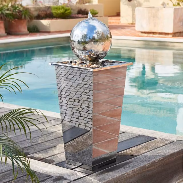 Primrose Cascading Sphere Tabletop Water Feature Fountain in Silver Stainless Steel