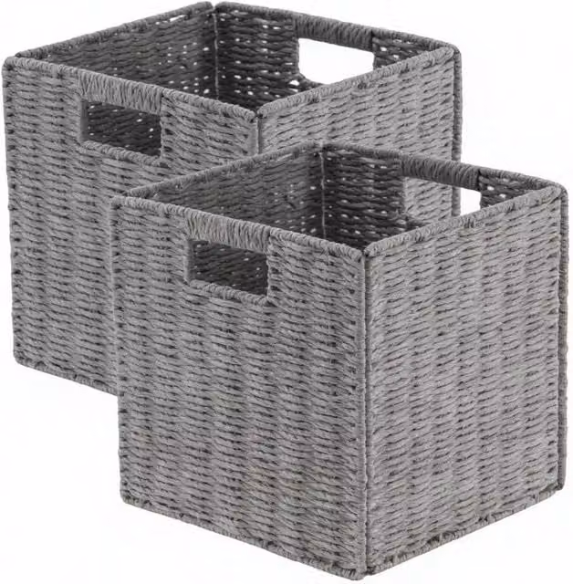 Kelvenix Set of 2 Foldable Grey Rattan Open Weave Storage Baskets with Handles