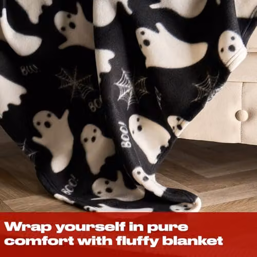 OHS Halloween Ghost Print Fleece Throw Blanket, Black, W/D/H: 120 x 150 cm – 5