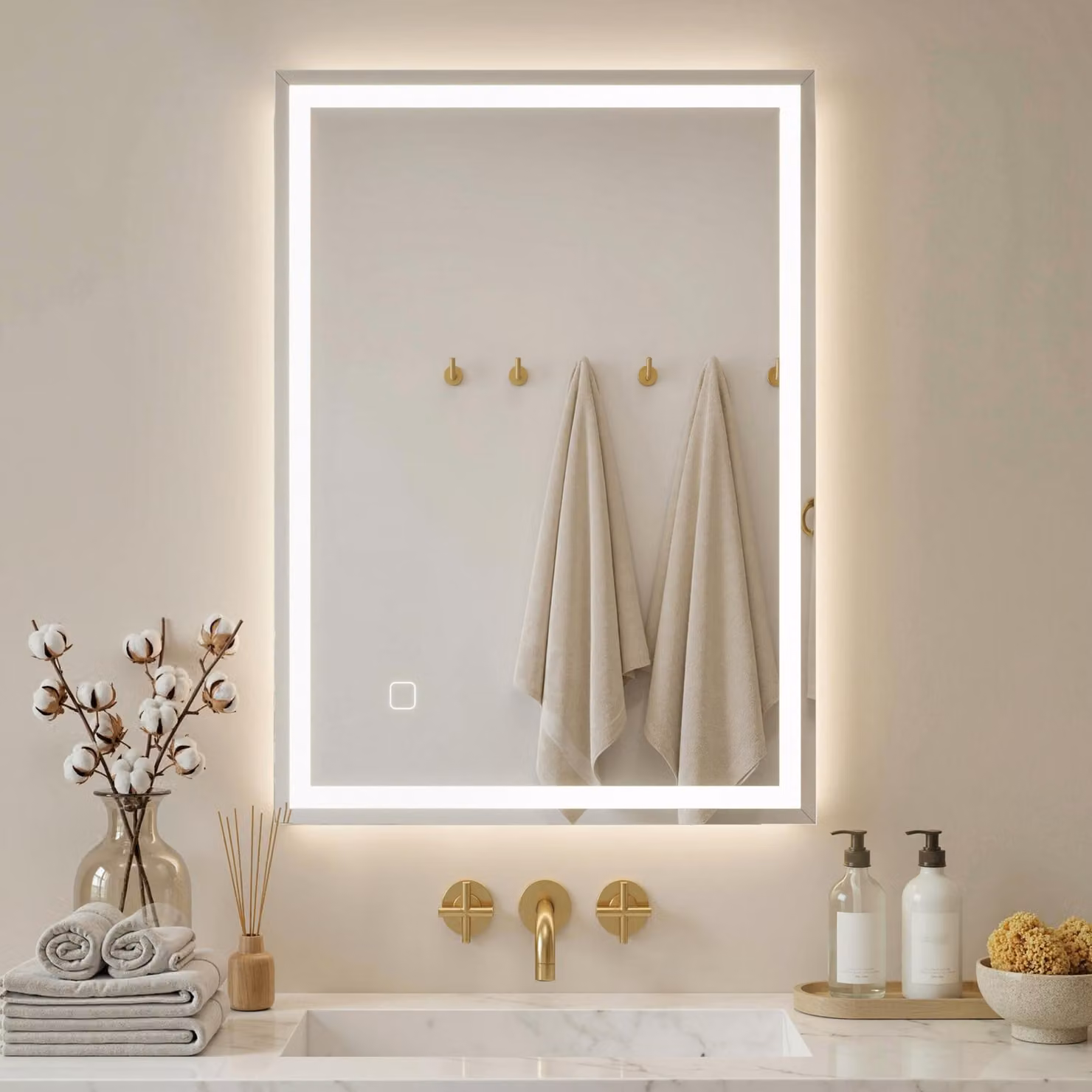 HOMCOM LED Bathroom Mirror with Dimmable Lights, 3 Colour Smart Touch Anti-Fog Vanity Mirror, W: 70 cm, H: 70 cm, White/Silver – 2