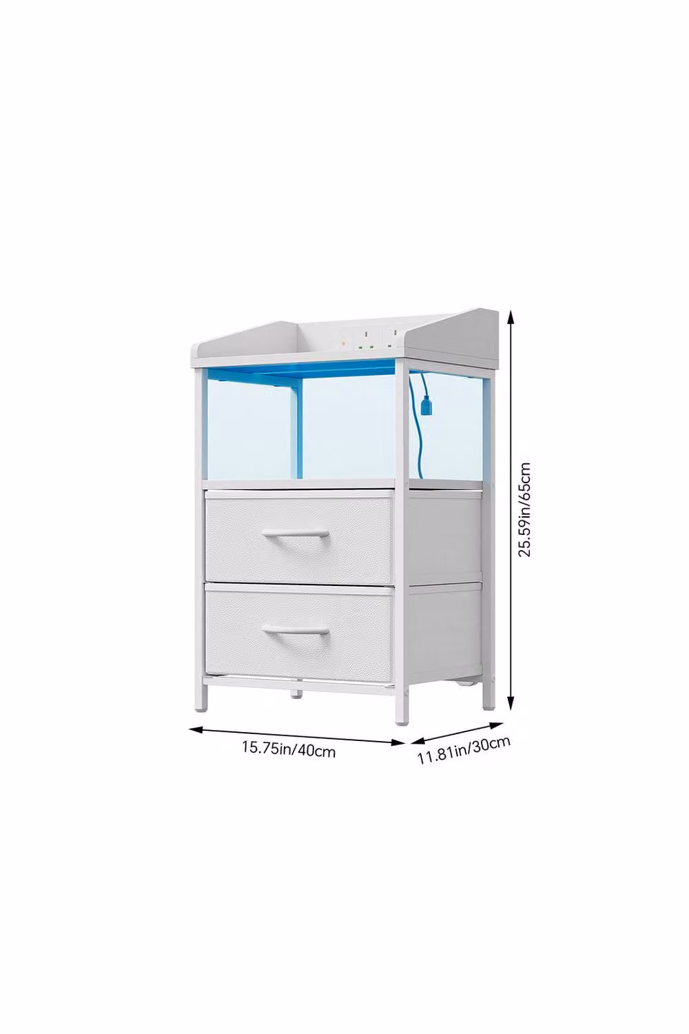 Living and Home Modern White Nightstand Bedside Table with Integrated LED Lighting and Charging Station – 2