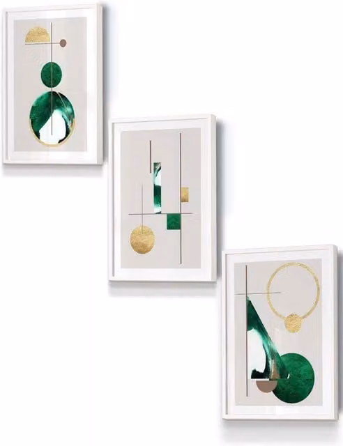 ARTZE Abstract Geometric Textured Wall Art in Green and Gold with White Frame, W: 33 cm, H: 45 cm, D: 0.2 cm