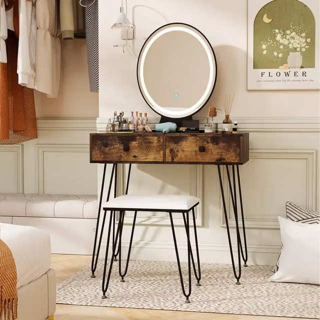 Costway Hollywood LED Makeup Dressing Table Vanity Set in Brown