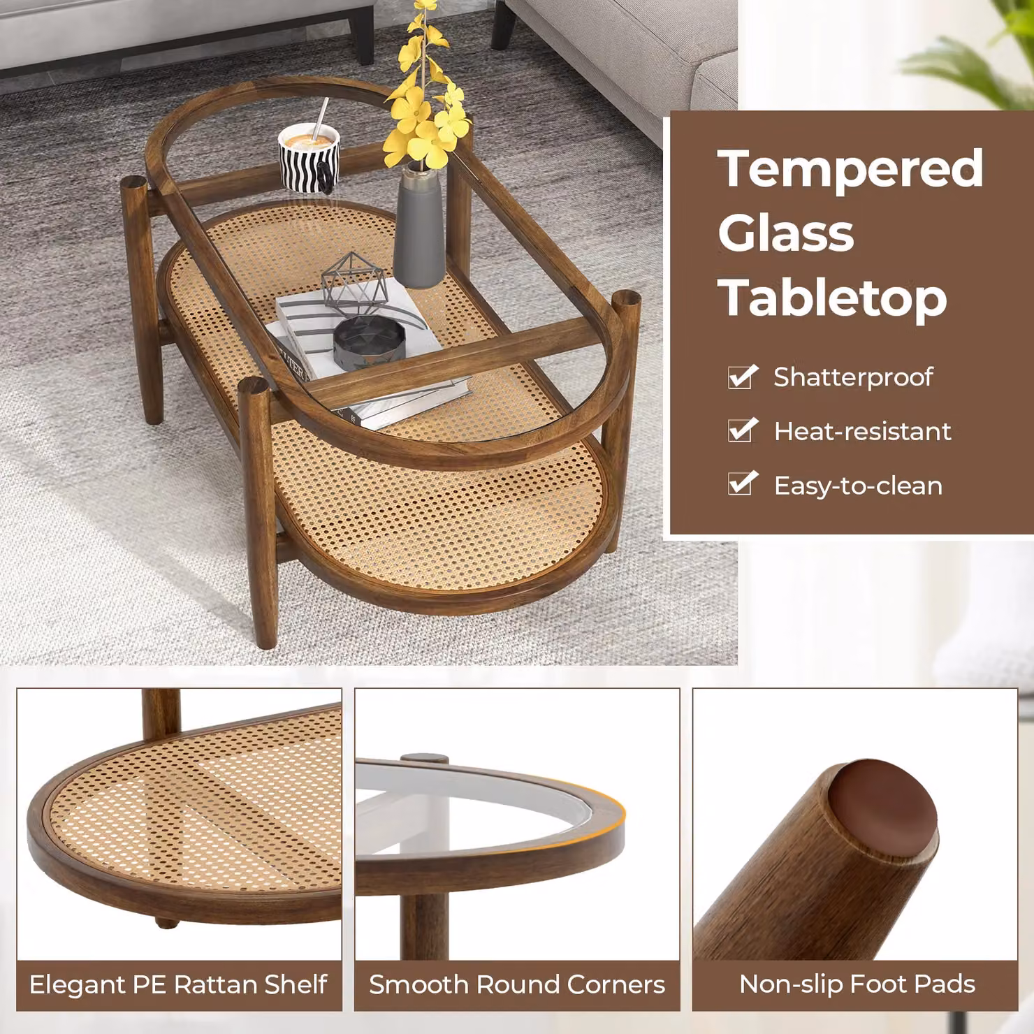 Costway 2-Tier Rattan Coffee Table with Tempered Glass Top in Brown – 2