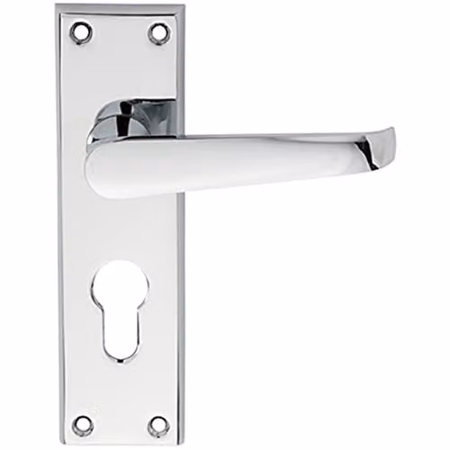 Loops Pair Straight Victorian Lever on Euro Lock Backplate in Polished Chrome, 150 x 43 mm
