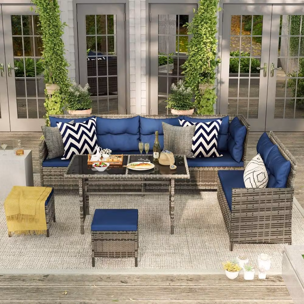 Wyld Haus Rarapa 7 Seater Rattan Garden Sofa Set with Glass Table in Dark Blue – 3