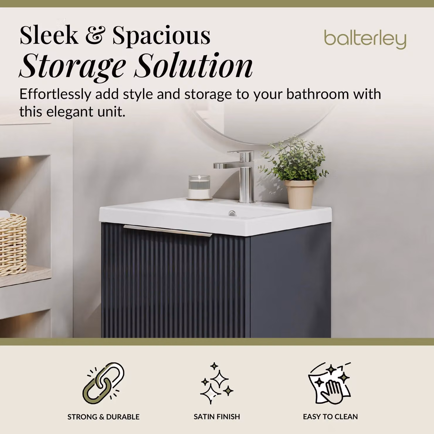 Balterley Fluted Wall Hung 1 Drawer Vanity Basin Unit and Basin, Dark Grey, Width: 500 mm – 2