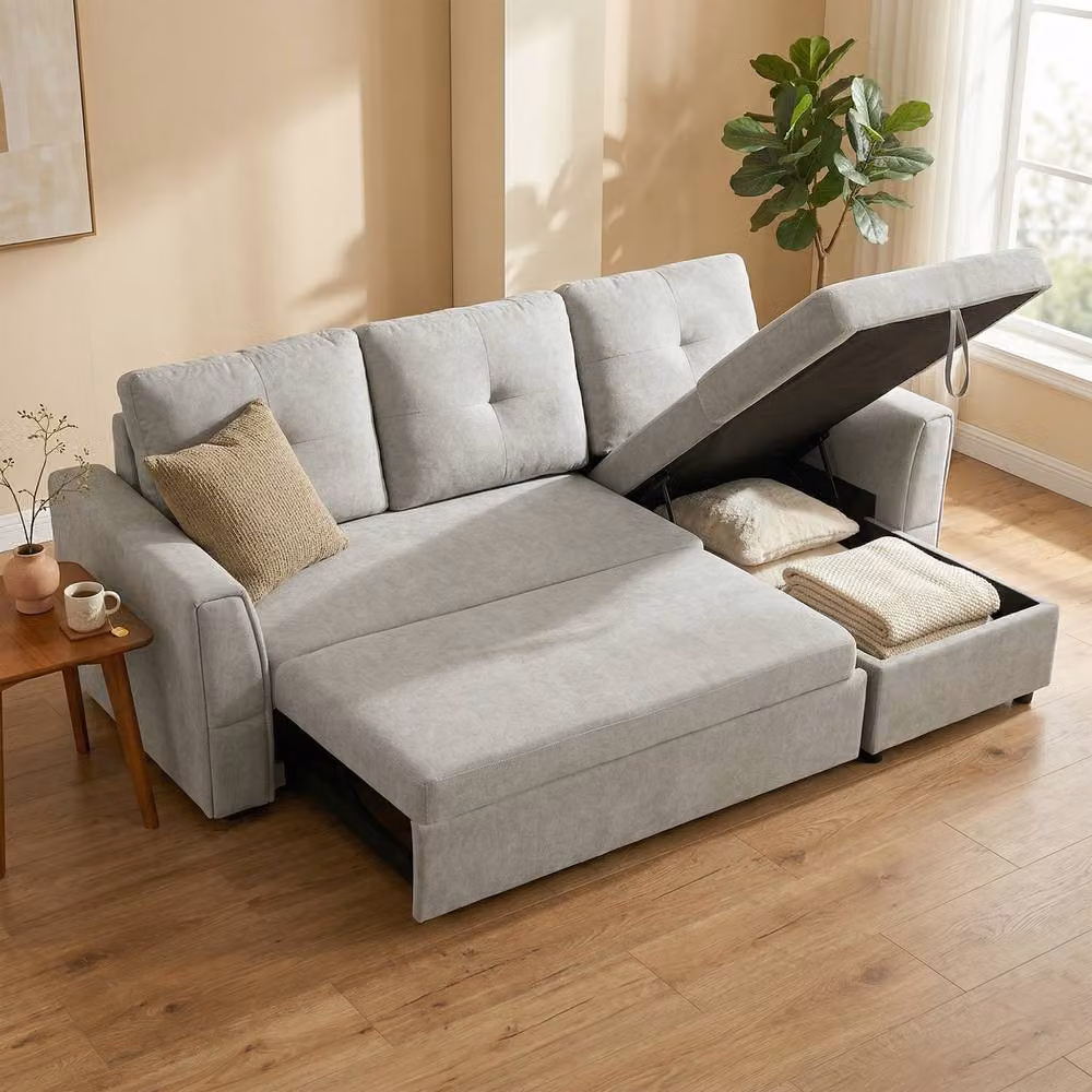 HOMCOM L-Shaped Sofa Bed with Storage in Grey Linen-Look Fabric – 2