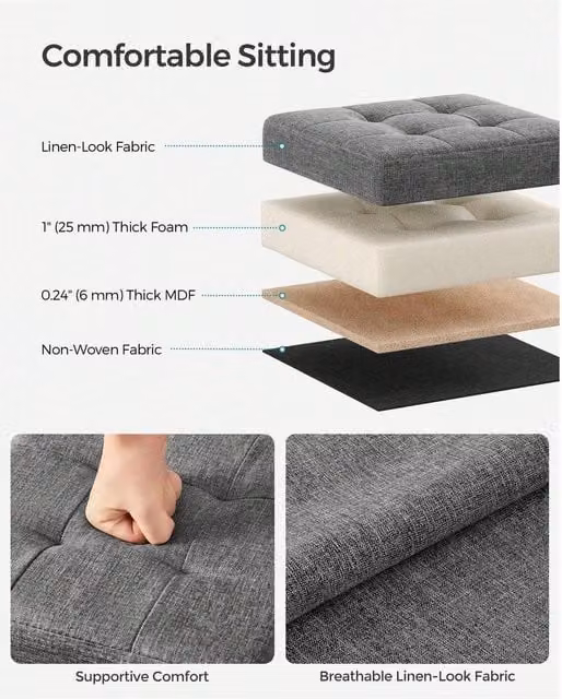 SONGMICS Elegant Grey Fabric Storage Ottoman