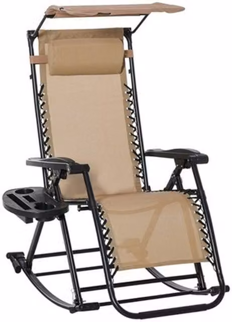 NESTLUNE Folding Recliner Chair Outdoor Lounge Rocker with Sun Canopy and Adjustable Headrest in Beige Multicolour