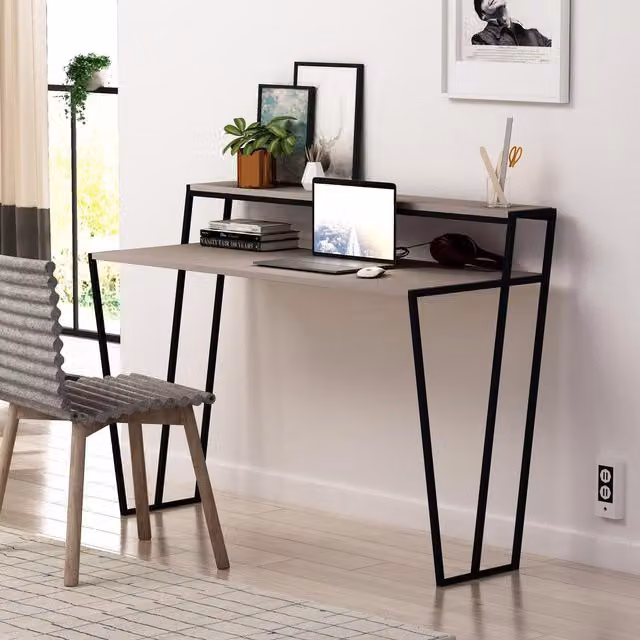 FWStyle Modern Computer Desk with Black Metal Frame and Mocha Grey MDF Top