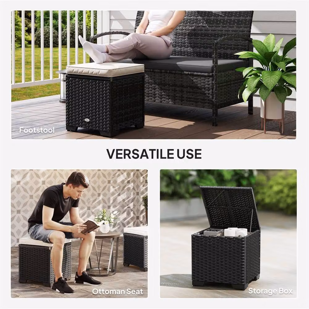 EONLION Set of 2 Beige Rattan and Steel Garden Footstools – 4