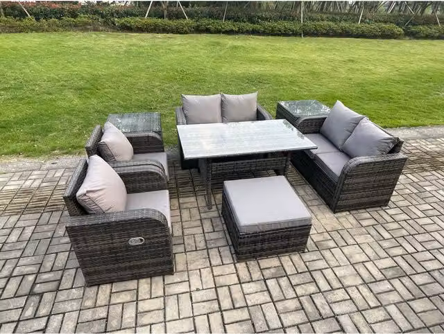 Fimous 7-Seater PE Rattan Garden Dining and Lounge Set in Dark Grey with Dark Grey Fabric