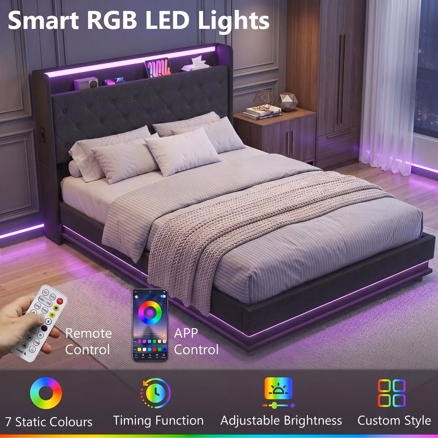 HOMCOM Black Double Bed Frame with Headboard, Hydraulic Storage, LED Lights and USB Charging Station, 140 x 200 cm – 4