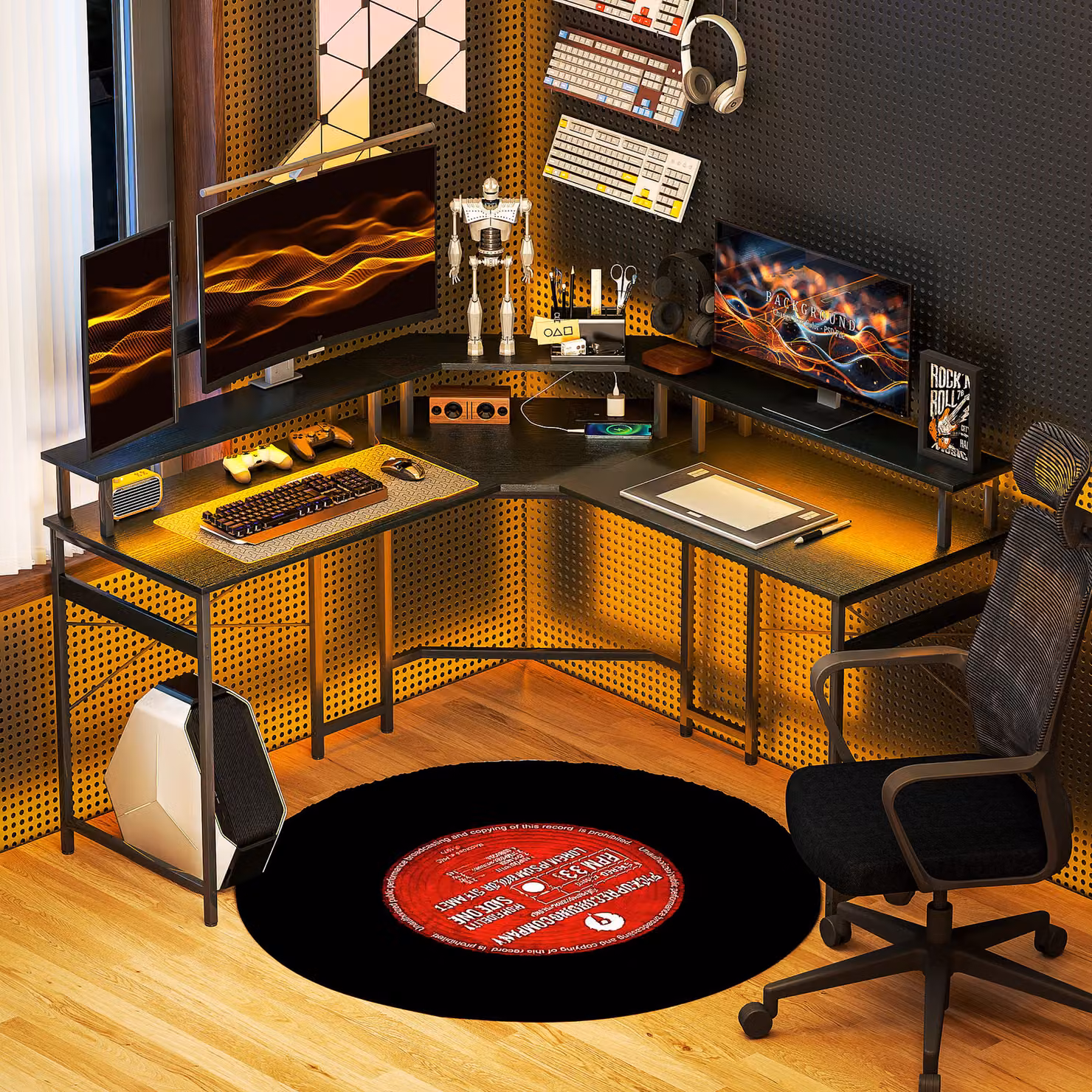 HOMCOM L-Shaped Corner Work Desk with LED Lights in Black – 1