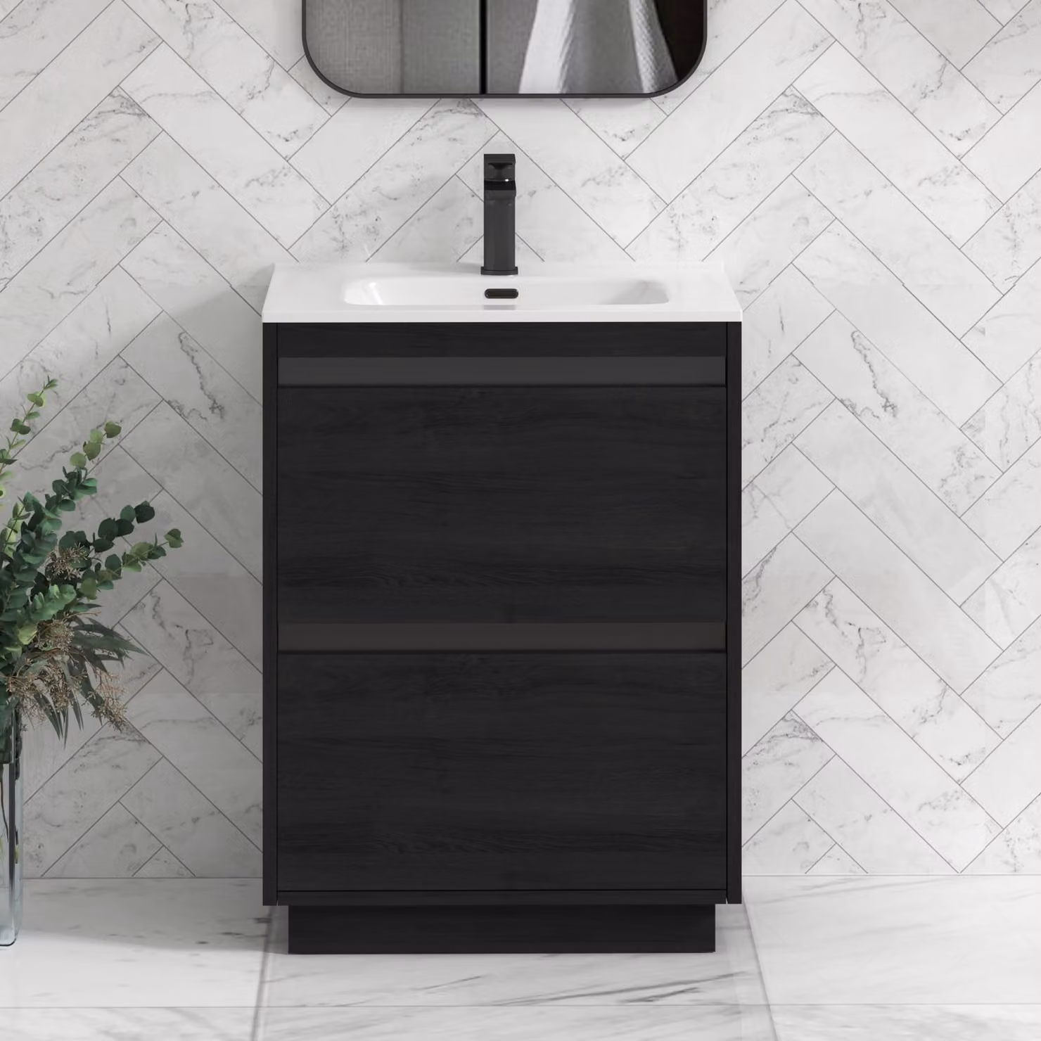 Royal Bathrooms Orion 600mm Floor Standing 2 Drawer Vanity Unit in Hale Black with Ceramic Basin and Black Accent Trim