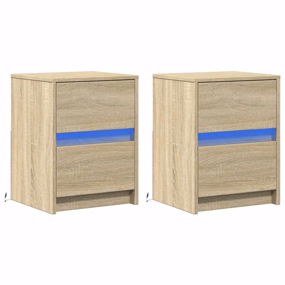 Berkfield Home Set of 2 Modern Bedside Cabinets with Integrated LED Lights in Sonoma Oak Light Oak Finish – 2