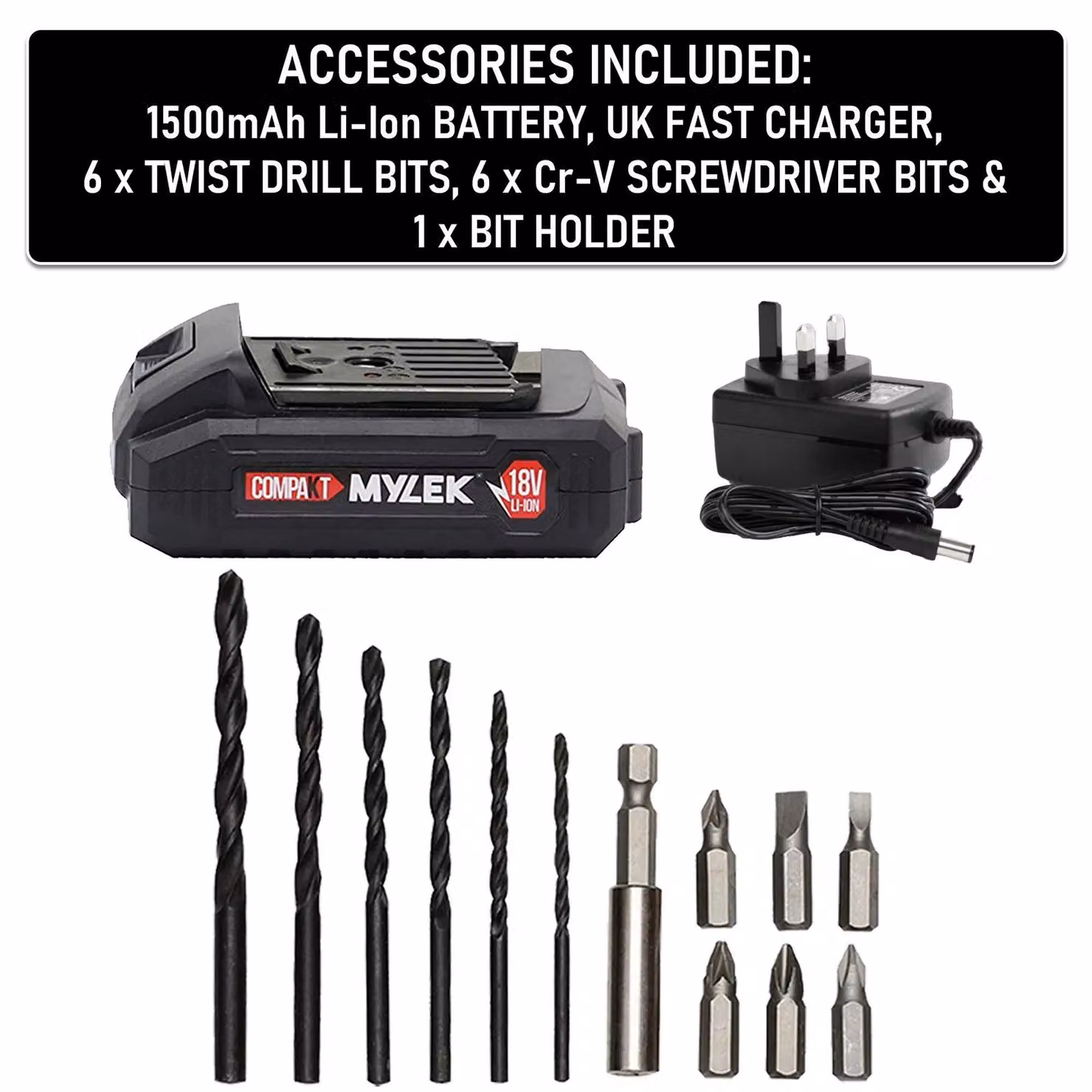 MYLEK MYW09 Cordless Drill with 204-Piece Accessory Kit in Black – 3