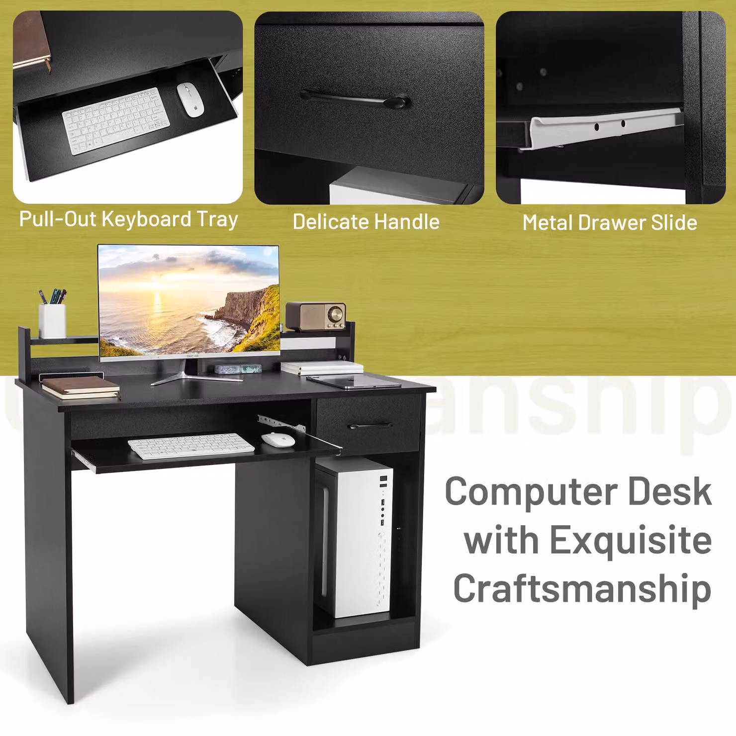 Gymax Modern Computer Desk with Display Shelf and Drawer in Black – 7