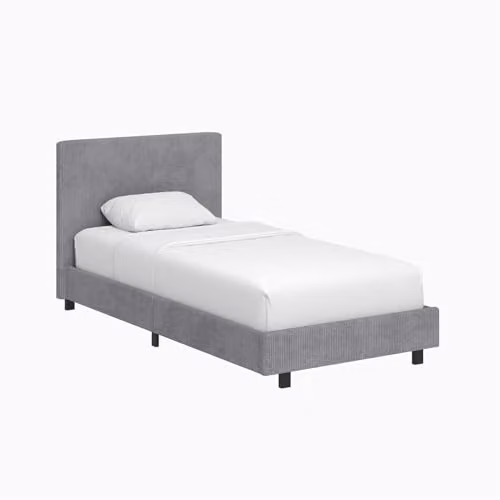 FWStyle Single Grey Ribbed Upholstered Fabric Bed with Tall Headboard