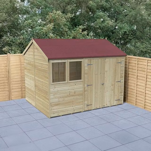 Forest Garden Timberdale Pressure Treated Reverse Apex Shed in Brown and White Wood