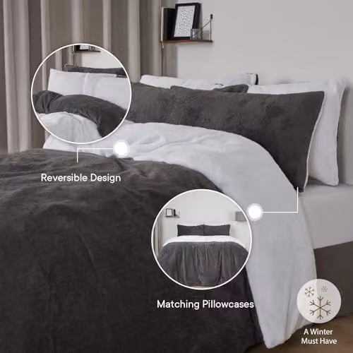 Brentfords Reversible Teddy Fleece Duvet Cover and Pillowcase Set, White and Grey, 180 x 200 cm – 2