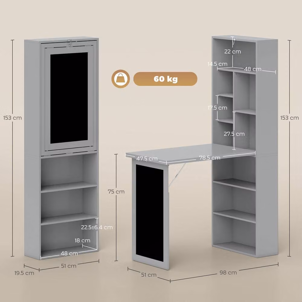 STILVORA Grey Folding Convertible Secretary Desk with Blackboard and Shelves, H 153 x W 98 x D 51 cm – 2