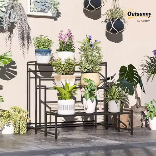 Outsunny 3-Tier Metal Ladder Plant Stand, Modern Freestanding Garden Shelf, Black, H 75 x W 70 x D 66 cm – 2