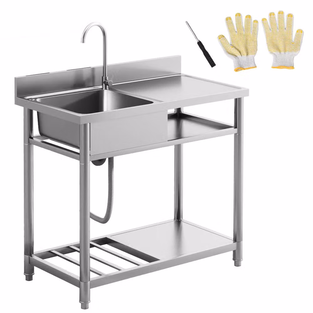 HOMCOM Outdoor Stainless Steel Single Bowl Sink with Cold and Hot Water Pipe and Storage Shelf in Silver – 2