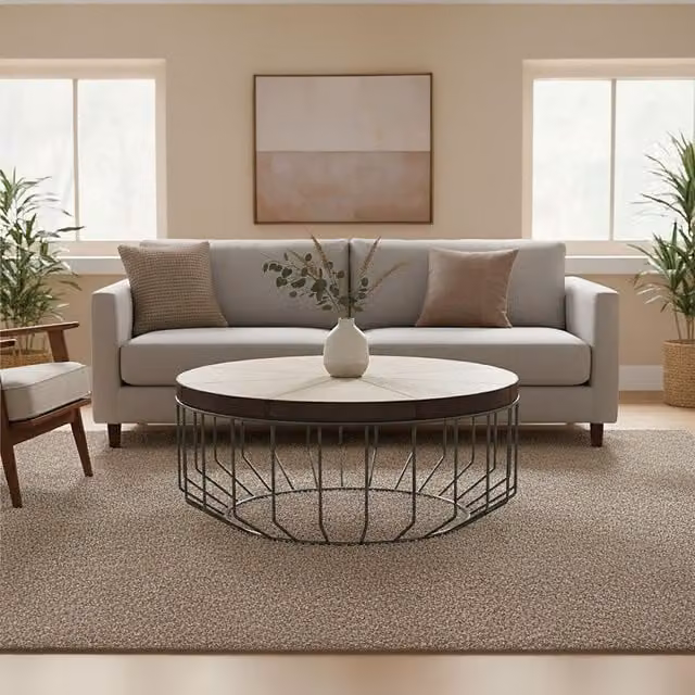 Orsina Genuine Leather Coffee Table with Mango Wood Trim and Weathered Iron Cage Base in Natural – 1