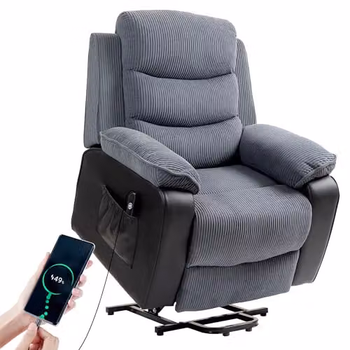 HOMCOM Power Lift Riser Recliner Chair in Grey Corduroy Fabric – 1