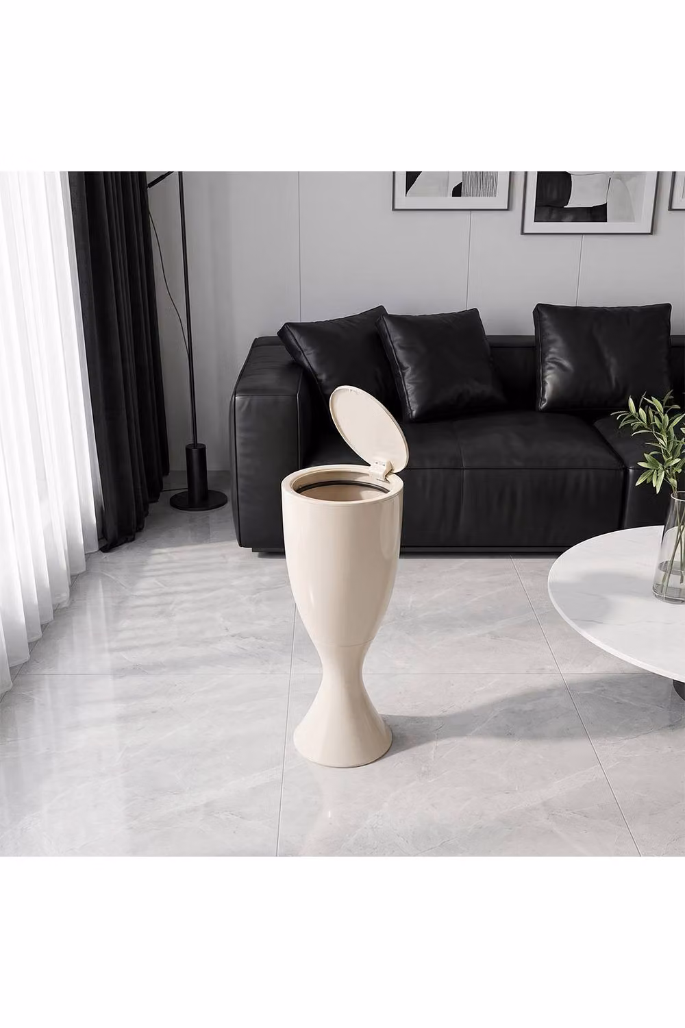 Living and Home 13L Goblet-Shaped Plastic Rubbish Bin with Push-Open Lid and Wheels in Beige – 5