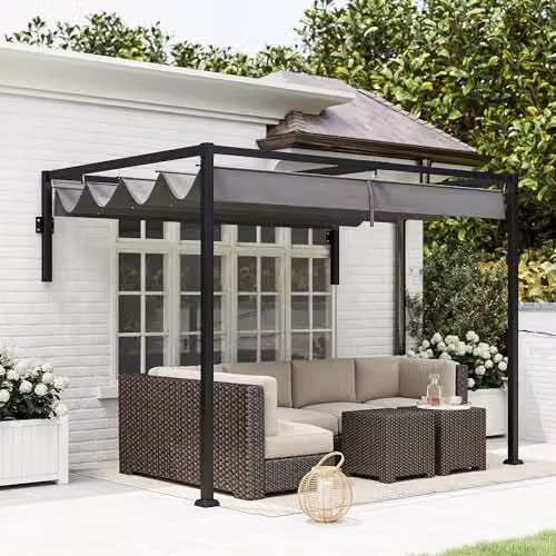 Outsunny Wall Mounted Lean To Pergola with Retractable Roof in Grey – 5
